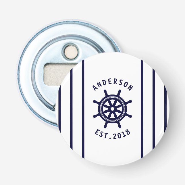Modern Nautical Wheel And Navy Blue Striped Custom Bottle Opener (Front)