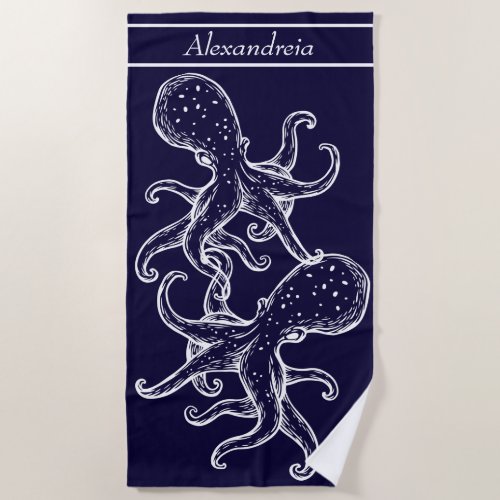 Modern Nautical White Octopus Navy Blue  Beach Towel