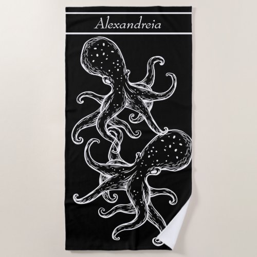 Modern Nautical White Octopus ocean black Beach Towel