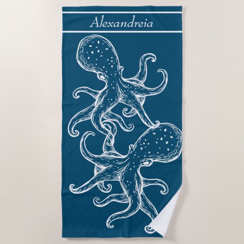 Modern Nautical White Octopus ocean blue Beach Towel