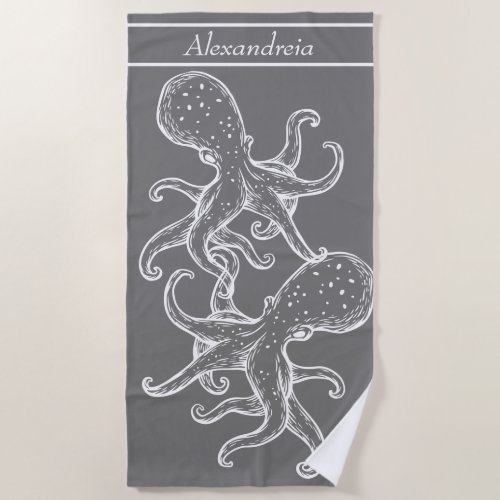 Modern Nautical White Octopus ocean gray Beach Towel
