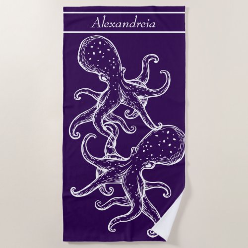 Modern Nautical White Octopus ocean purple Beach Towel
