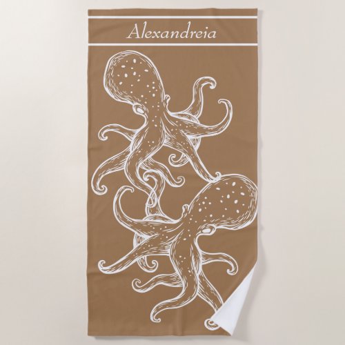 Modern Nautical White Octopus ocean Tan Beach Towel