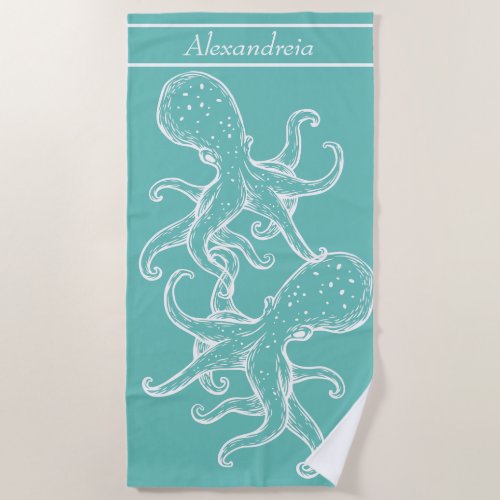 Modern Nautical White Octopus ocean Teal Blue Beach Towel