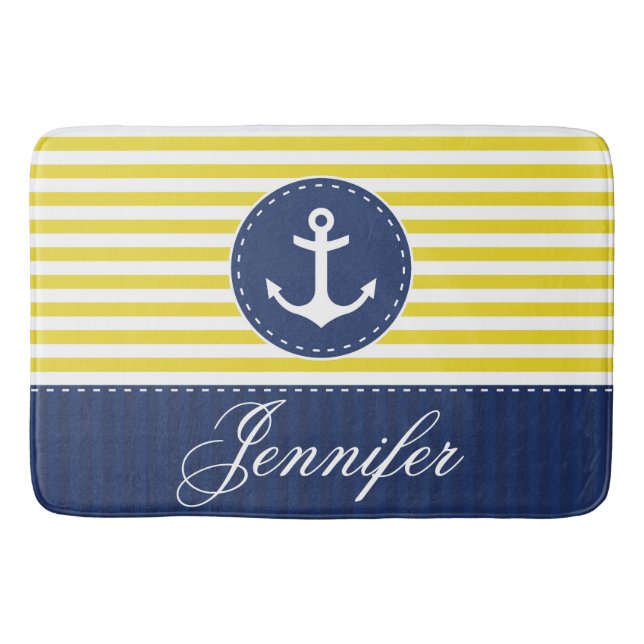 Modern Nautical Yellow Blue Anchor Personalized Bath Mat (Front)