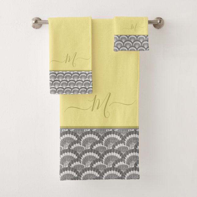 Modern Nautical Yellow Gray Seashell Shell Elegant Bath Towel Set (Insitu)