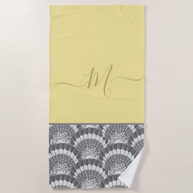Modern Nautical Yellow Gray Seashell Shell Elegant Beach Towel (Front)