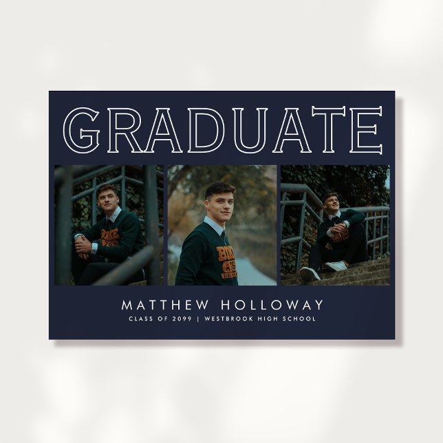 Modern Navy 3 Photo Graduation Announcement  (Creator Uploaded)