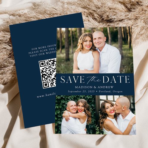 Modern Navy 3 Photo QR Code Save The Date
