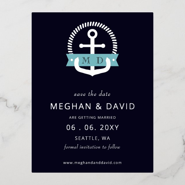 Modern Navy Anchor Nautical Monogram save the date Foil Invitation Postcard (Front)