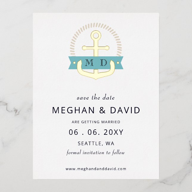 Modern Navy Anchor Nautical Monogram save the date Foil Invitation Postcard (Front)