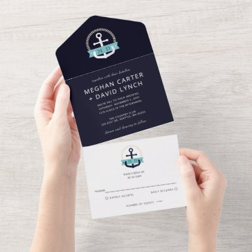 Modern Navy Anchor Nautical Monogram Wedding All In One Invitation