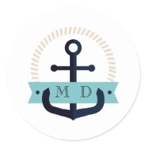 Modern Navy Anchor Nautical Monogram Wedding Class Classic Round Sticker