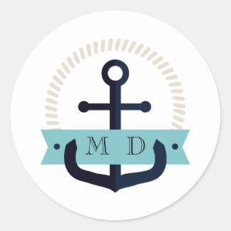 Modern Navy Anchor Nautical Monogram Wedding Class Classic Round Sticker