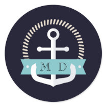 Modern Navy Anchor Nautical Monogram Wedding Classic Round Sticker