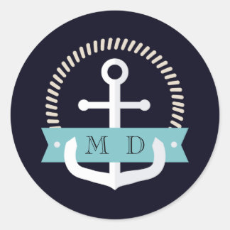 Modern Navy Anchor Nautical Monogram Wedding Classic Round Sticker