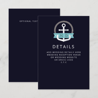 Modern Navy Anchor Nautical Monogram Wedding  Enclosure Card