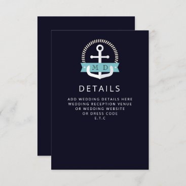 Modern Navy Anchor Nautical Monogram Wedding  Enclosure Card