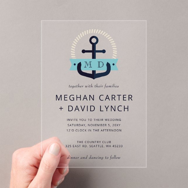 Modern Navy Anchor Nautical Monogram Wedding Invit Acrylic Invitations (Insitu (Handheld))