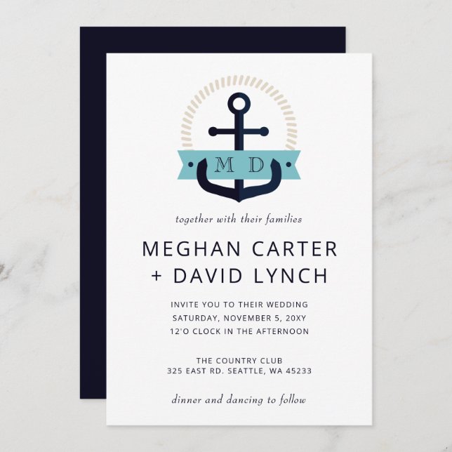 Modern Navy Anchor Nautical Monogram Wedding Invit Invitation (Front/Back)