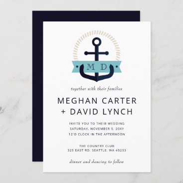 Modern Navy Anchor Nautical Monogram Wedding Invit Invitation