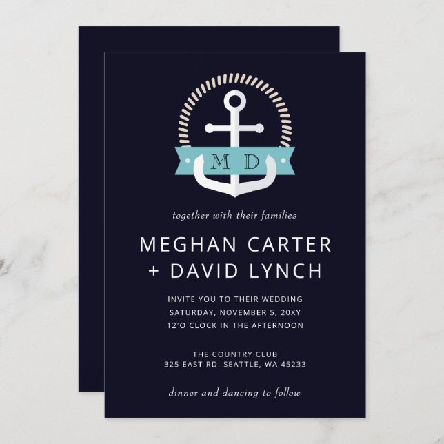 Modern Navy Anchor Nautical Monogram Wedding Invitation (Front/Back)