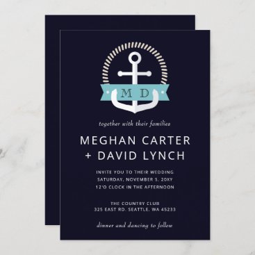 Modern Navy Anchor Nautical Monogram Wedding Invitation