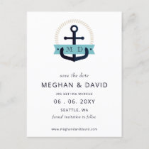 Modern Navy Anchor Nautical Monogram Wedding  Save Announcement Postcard