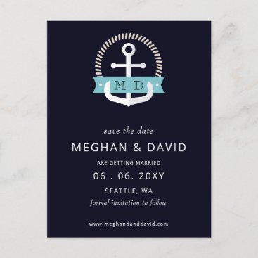 Modern Navy Anchor Nautical Monogram Wedding  Save Announcement Postcard