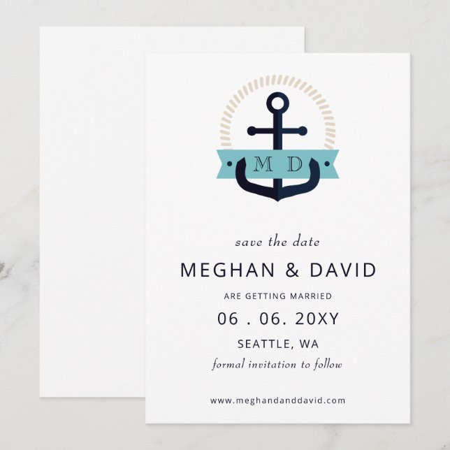 Modern Navy Anchor Nautical Monogram Wedding  Save The Date (Front/Back)