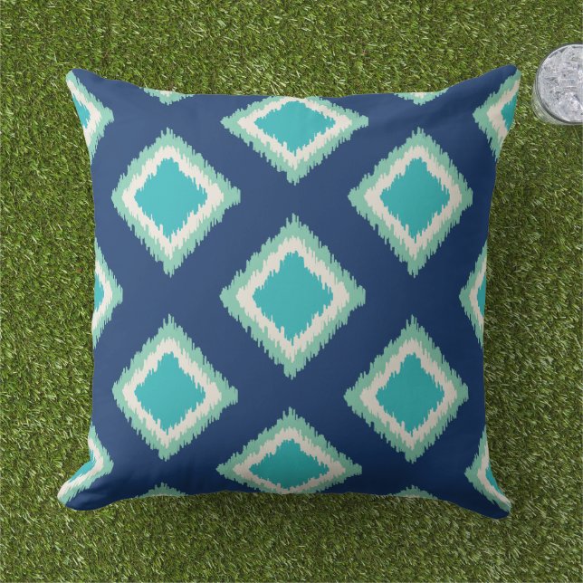 Modern Navy and Aqua Blue Diamond Ikat Pattern Throw Pillow (Grass)