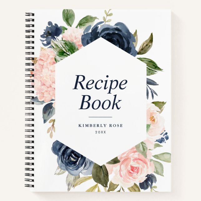 Modern navy  and blush floral frame Recipe Book (Front)
