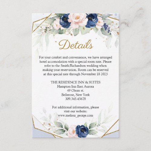 Modern Navy and Blush Floral Greenery Details Enclosure Card