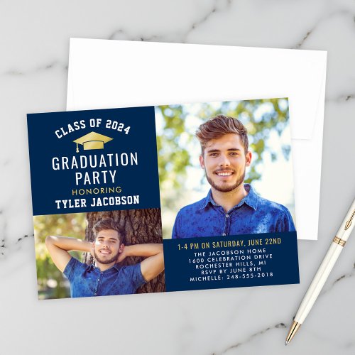 Modern Navy and Gold 2024 Photo Graduate Party Invitation