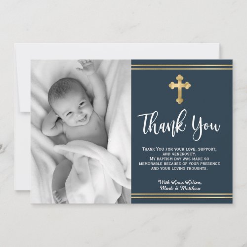 Modern Navy and Gold Blue Baptism Thank You Cards