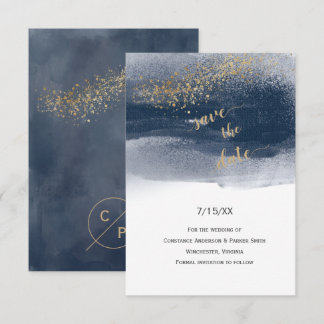 Modern Navy and Gold Brushstrokes Save the Date