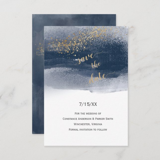 Modern Navy and Gold Brushstrokes Save the Date (Front/Back)