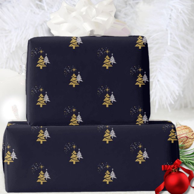 Modern Navy And Gold Christmas Tree Gift Wrap (Creator Uploaded)