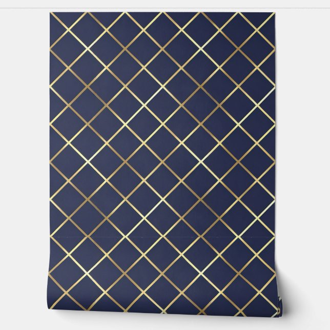 Modern Navy and Gold Diamond Grid Wallpaper (Unrolling)