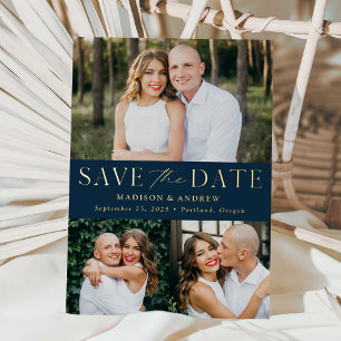 Modern Navy and Gold Foil 3 Photo Save the Date Invitation