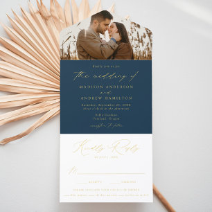 Modern Navy and Gold Foil Script Photo Wedding All In One Invitation