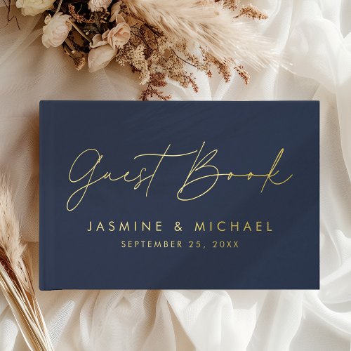 Modern Navy and Gold Foil Script Photo Wedding Foil Guest Book