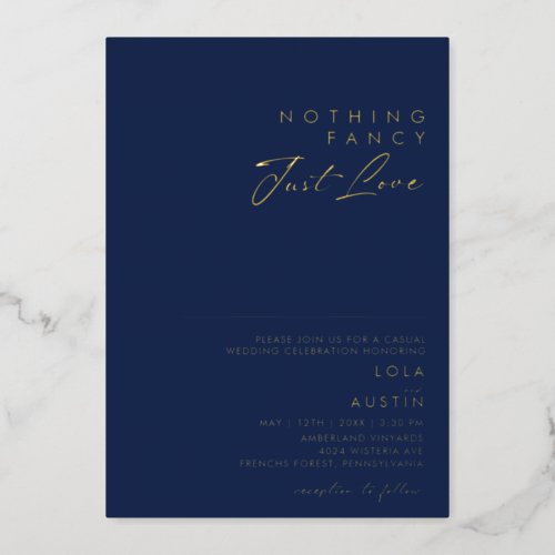 Modern Navy And Gold Nothing Fancy Just Love Real Foil Invitation