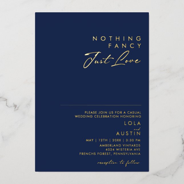 Modern Navy And Gold Nothing Fancy Just Love Real Foil Invitation (Front)