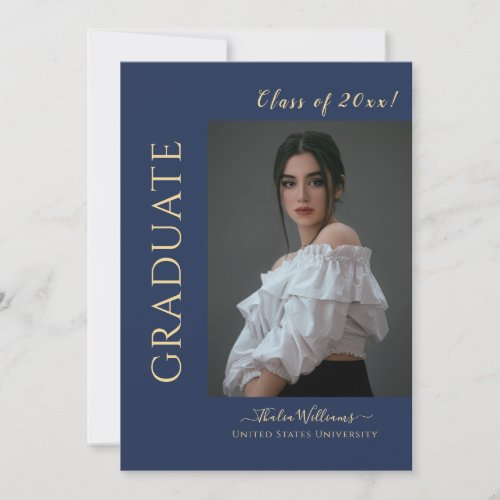 Modern Navy and Gold Photo Graduation Invitation