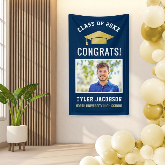 Modern Navy and Gold Photo Graduation Party Banner (Creator Uploaded)