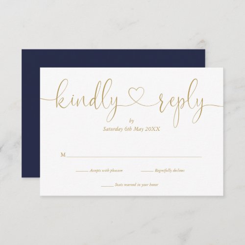 Modern Navy And Gold Script Heart Kindly Reply   RSVP Card