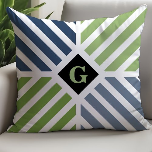Modern Navy and Green Stripes Initial Throw Pillow