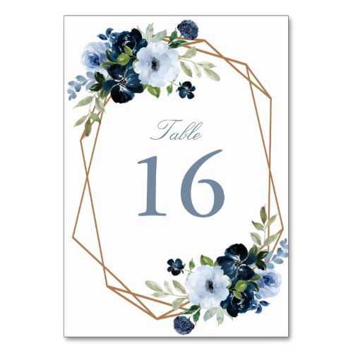 modern navy and light blue frame wedding table number