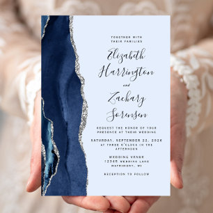 Modern Navy and Pale Blue Silver Agate Wedding Invitation